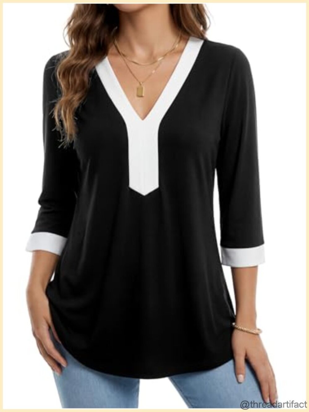 Women's 3/4 Sleeve V-Neck Tunic Top Casual Blouse